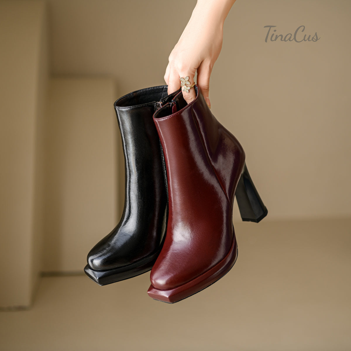 TinaCus Women's Handmade Square Toe Zip up High Heel Ankle Boots