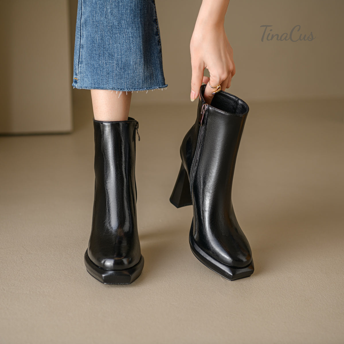 TinaCus Women's Handmade Square Toe Zip up High Heel Ankle Boots
