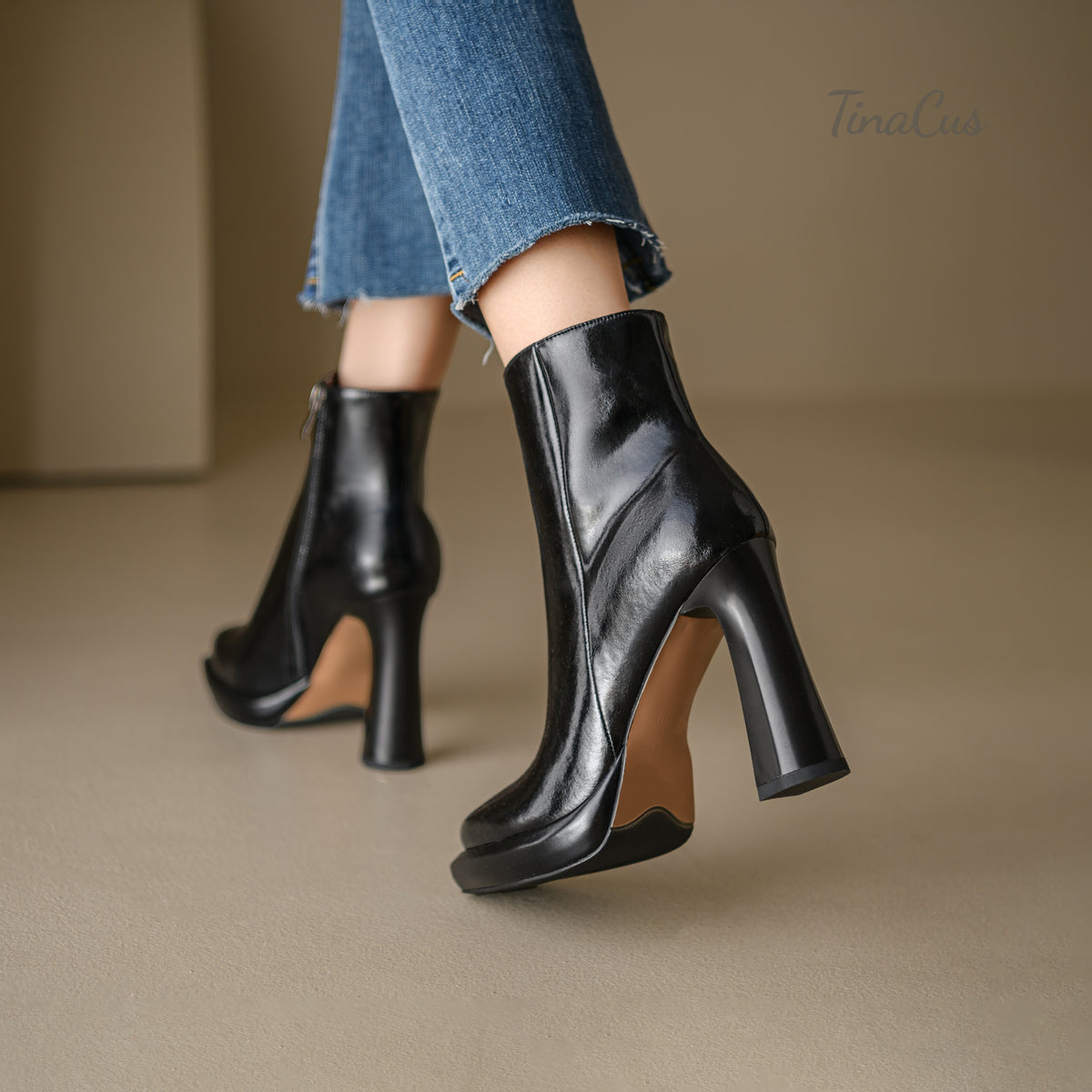 TinaCus Women's Handmade Square Toe Zip up High Heel Ankle Boots