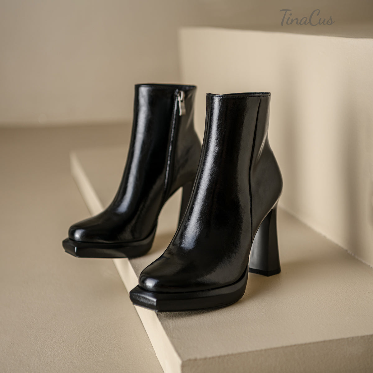 TinaCus Women's Handmade Square Toe Zip up High Heel Ankle Boots