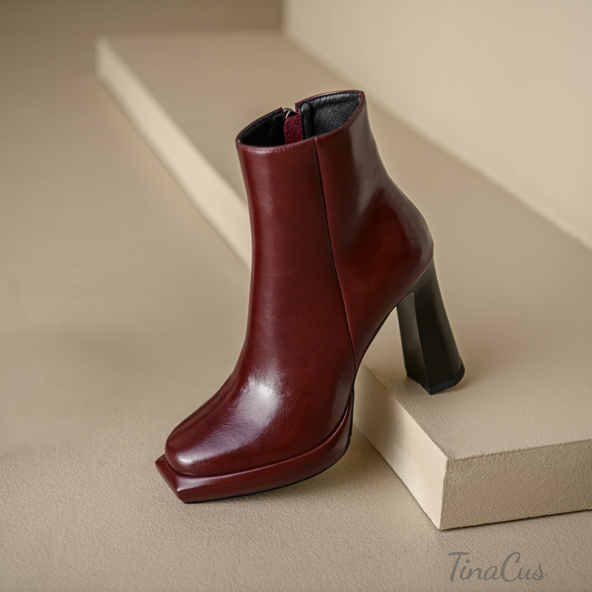 TinaCus Women's Handmade Square Toe Zip up High Heel Ankle Boots