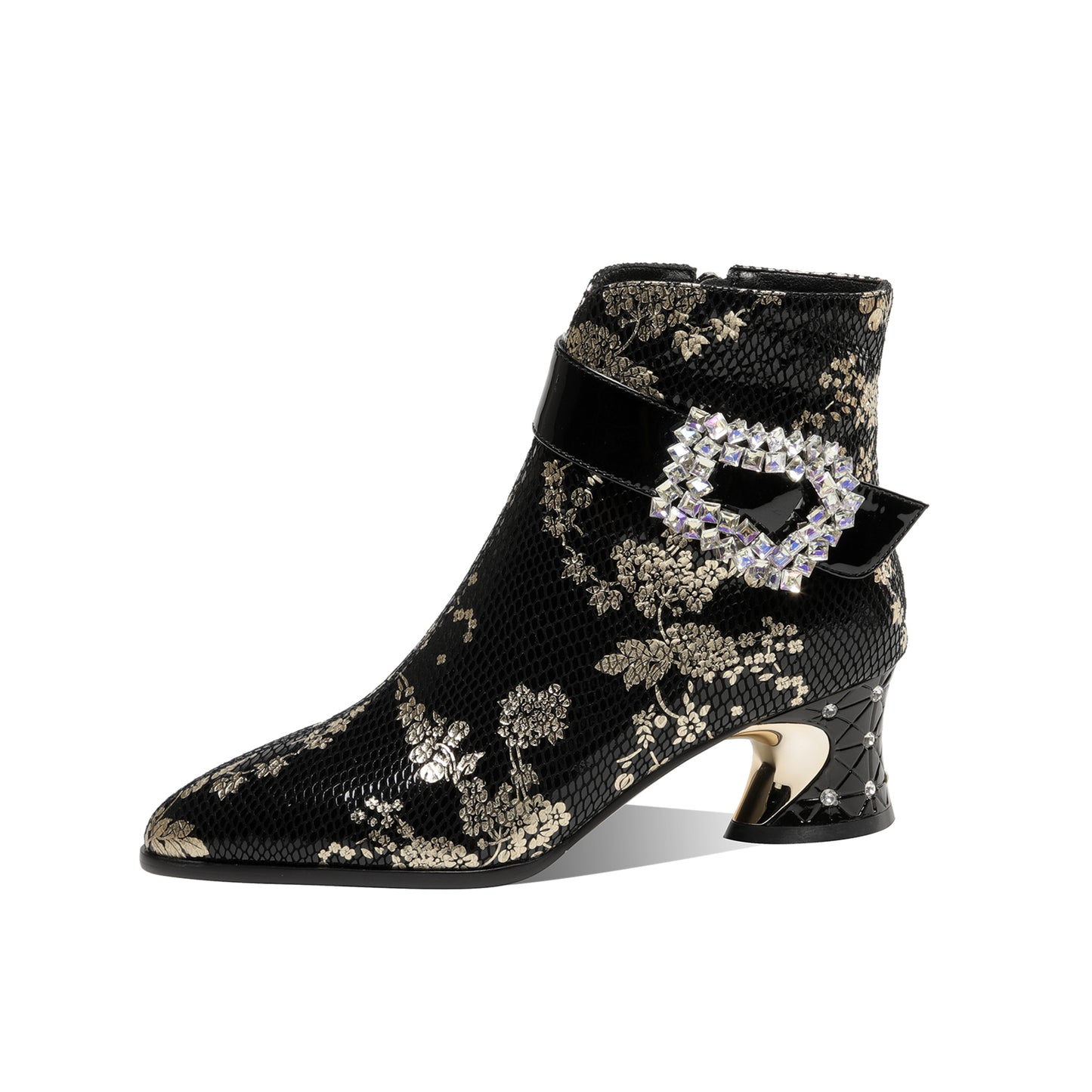 TinaCus Women's Rhinestone Buckle Pointed Toe Genuine Leather Handmade Mid Heel Side Zip Floral Ankle Boots