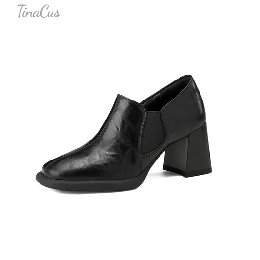 TinaCus Women's Handmade Genuine Leather Elastic Slip On Square Toe Chunky Low Heel Casual Loafer Pumps