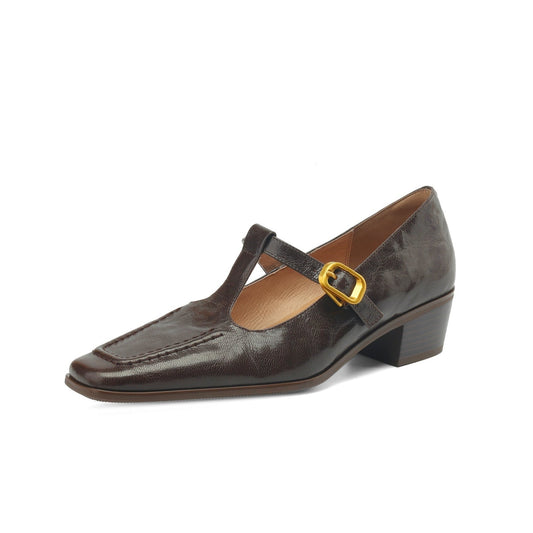 TinaCus Women's Genuine Leather Handmade Chunky Heel T-Strap Buckle Pumps