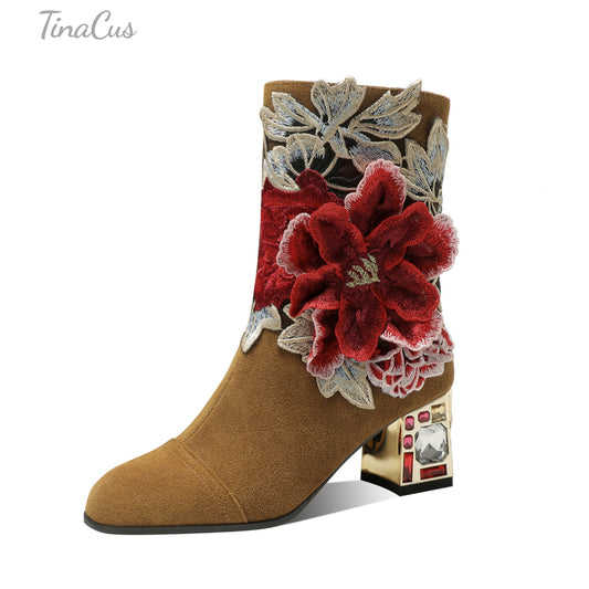 TinaCus Women's Suede Leather Detachable Flower Handmade Crystal Chunky Heel Zip Up Boots