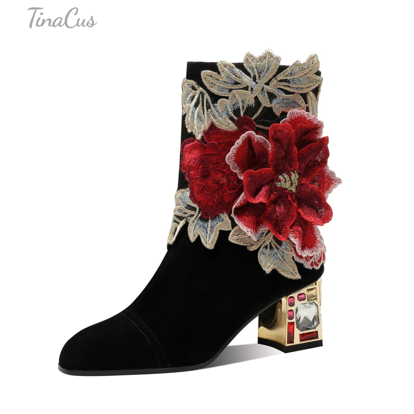 TinaCus Damenstiefel aus Wildleder, abnehmbare Blume, handgefertigt, Kristall, klobiger Absatz, Reißverschluss