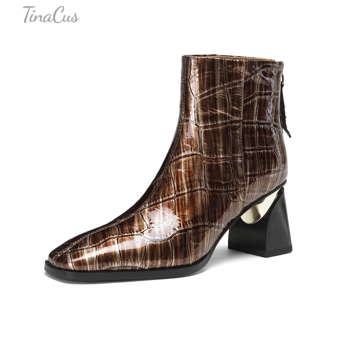 TinaCus Plaid Pattern Genuine Leather Women's Square Toe Handmade Mid Heels Ankle Boots with Back Zipper