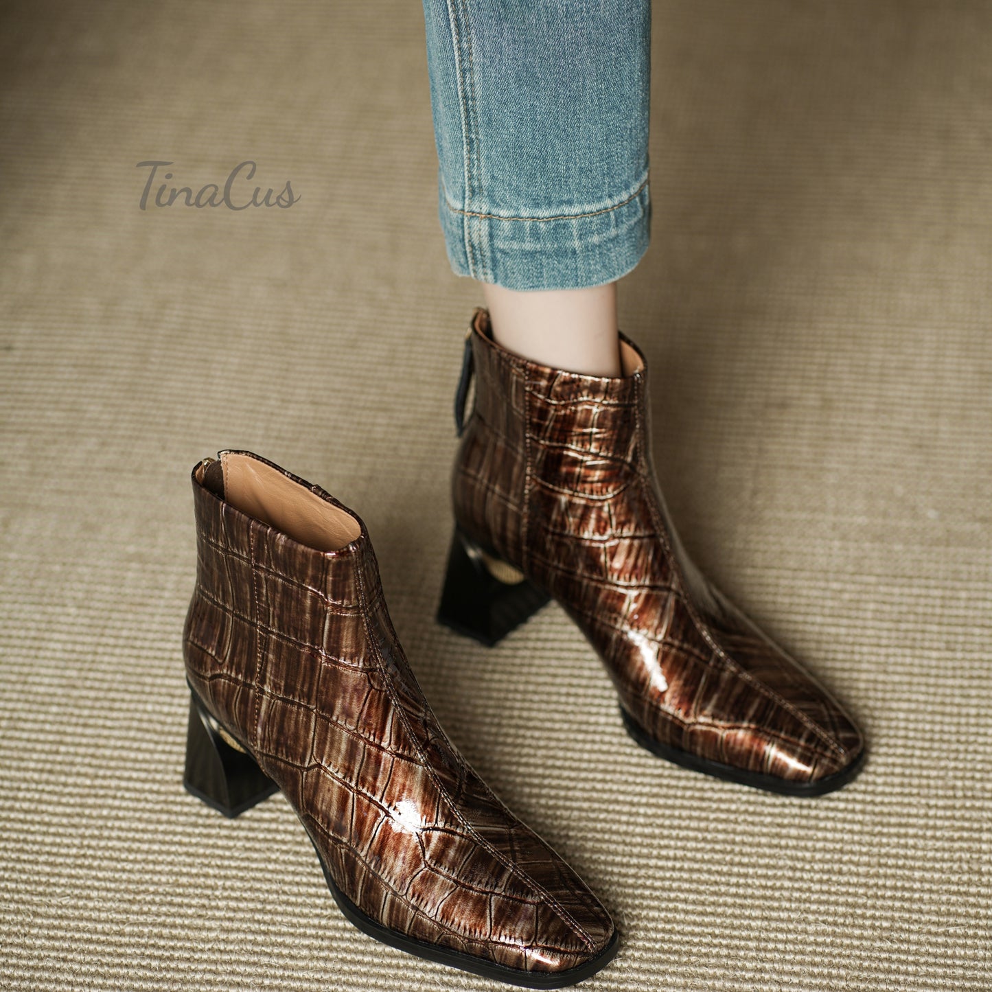 TinaCus Plaid Pattern Genuine Leather Women's Square Toe Handmade Mid Heels Ankle Boots with Back Zipper