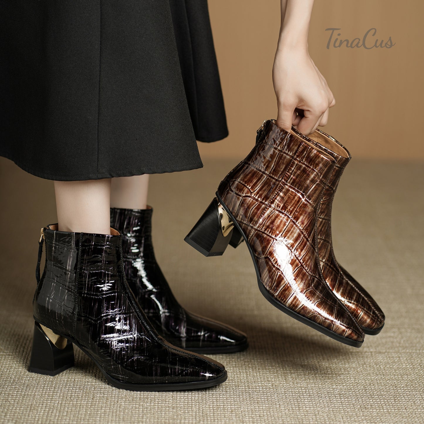TinaCus Plaid Pattern Genuine Leather Women's Square Toe Handmade Mid Heels Ankle Boots with Back Zipper