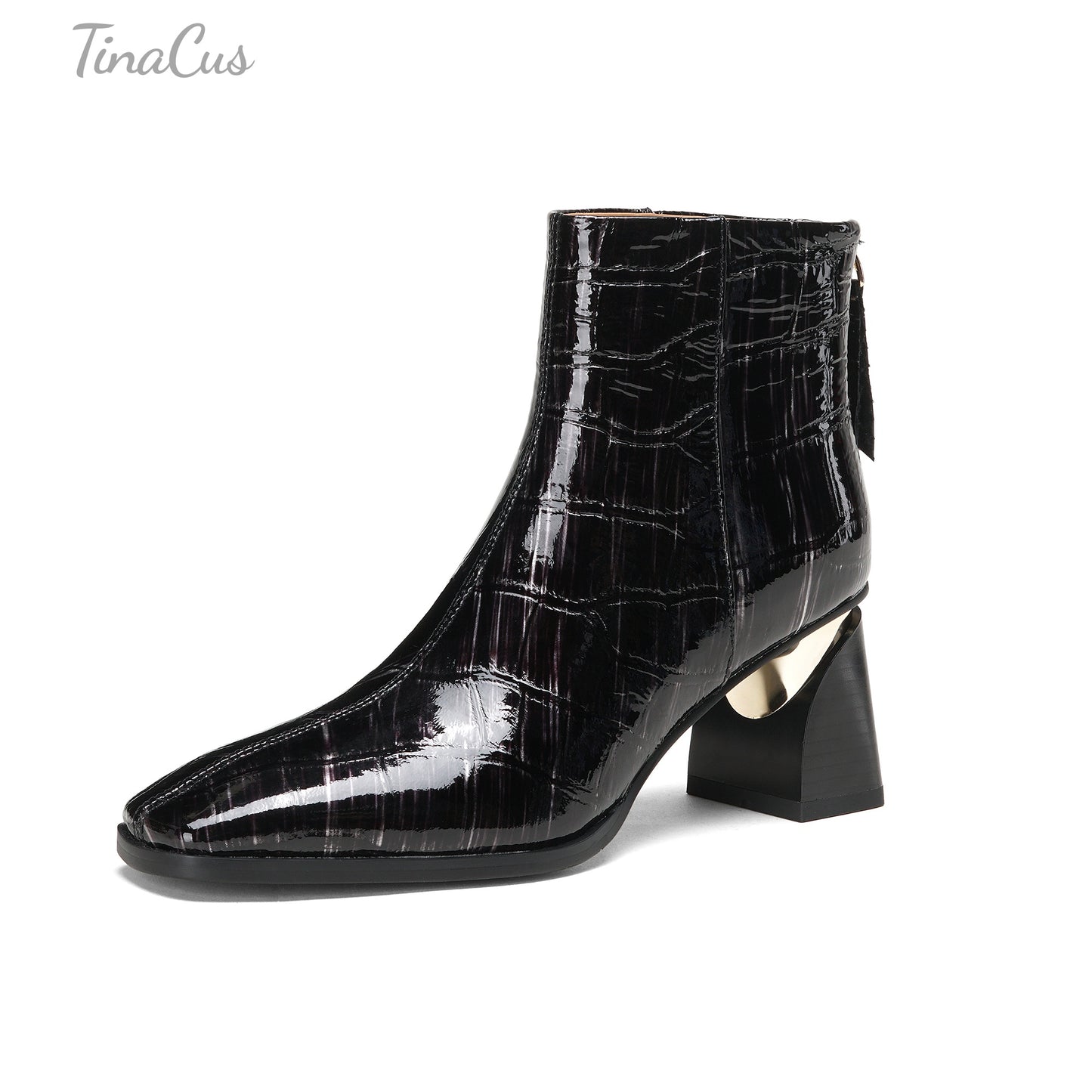 TinaCus Plaid Pattern Genuine Leather Women's Square Toe Handmade Mid Heels Ankle Boots with Back Zipper