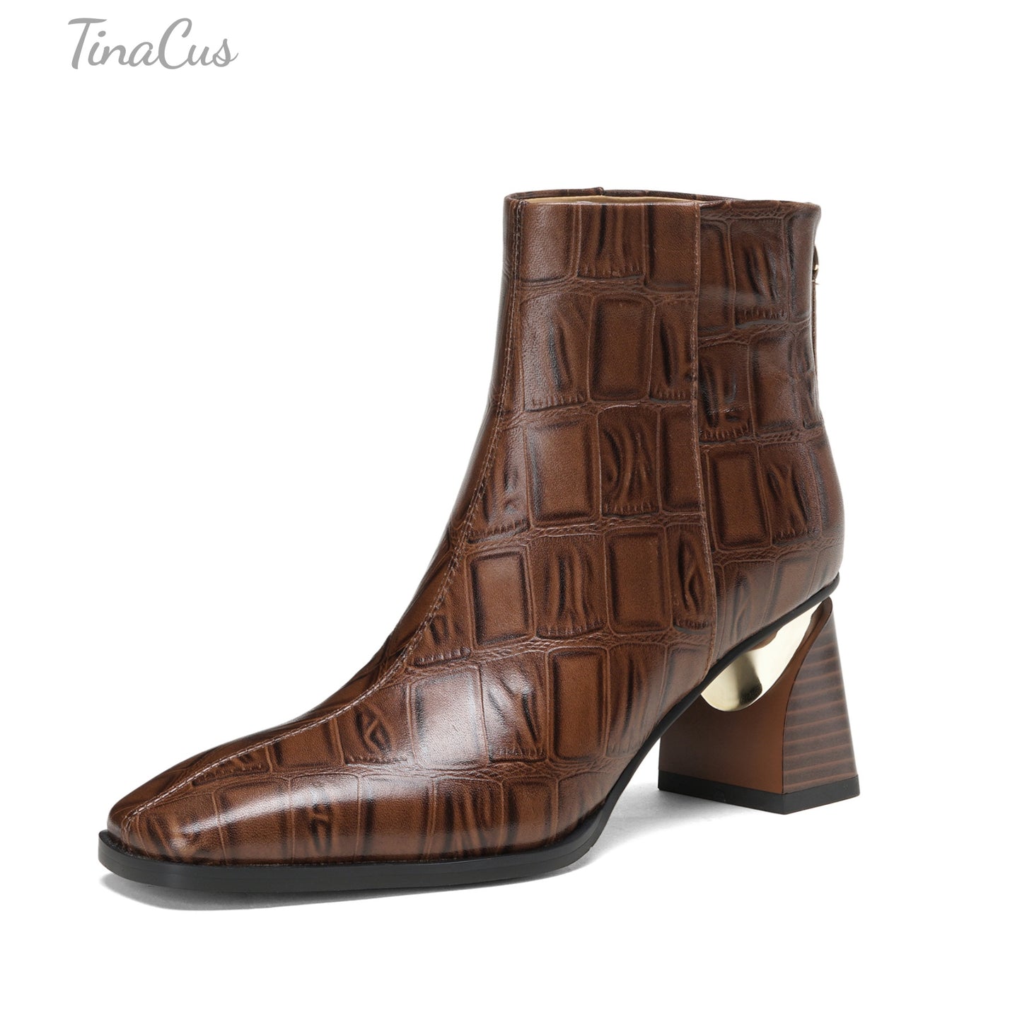 TinaCus Women's Square Toe Embossed Genuine Leather Handmade Chunky Heels Zip up Ankle Boots