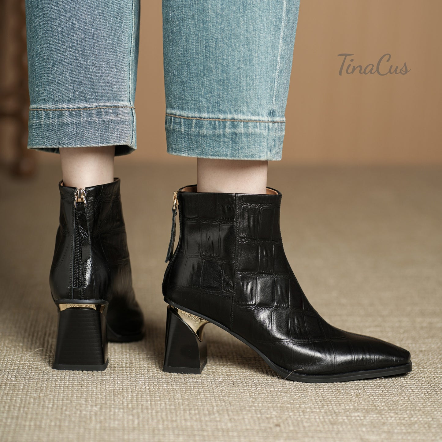 TinaCus Women's Square Toe Embossed Genuine Leather Handmade Chunky Heels Zip up Ankle Boots