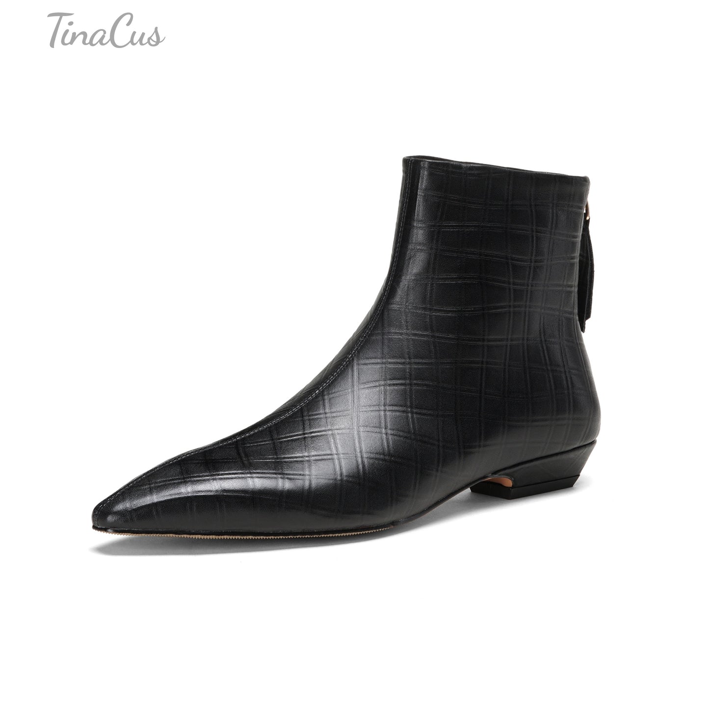 TinaCus Women's Pointed Toe Embossed Genuine Leather Handmade Back Zipper Casual Flat Ankle Boots