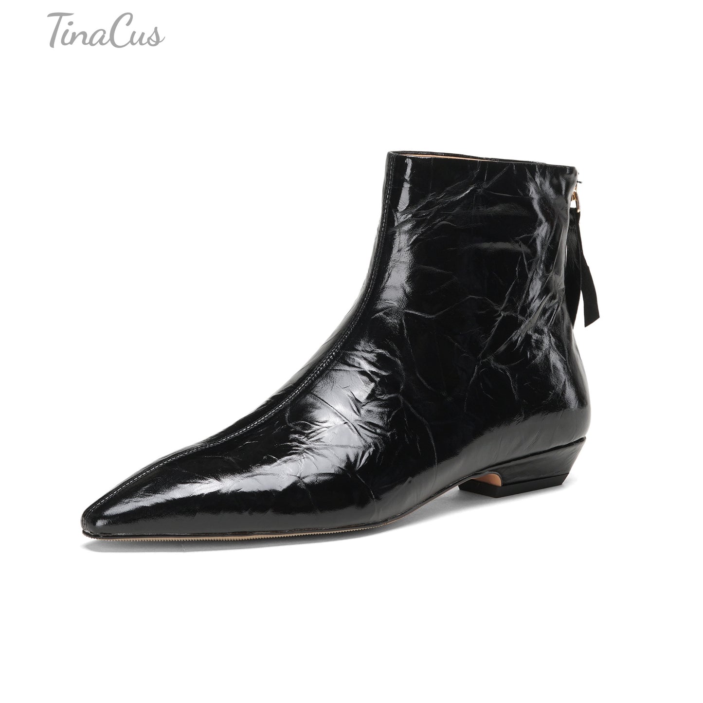 TinaCus Genuine Leather Women's Pointed Toe Comfortable Flat Heels Handmade Zip up Ankle Boots