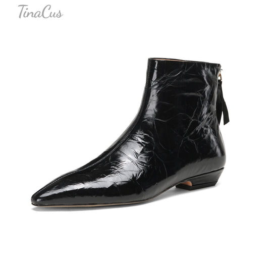 TinaCus Genuine Leather Women's Pointed Toe Comfortable Flat Heels Handmade Zip up Ankle Boots