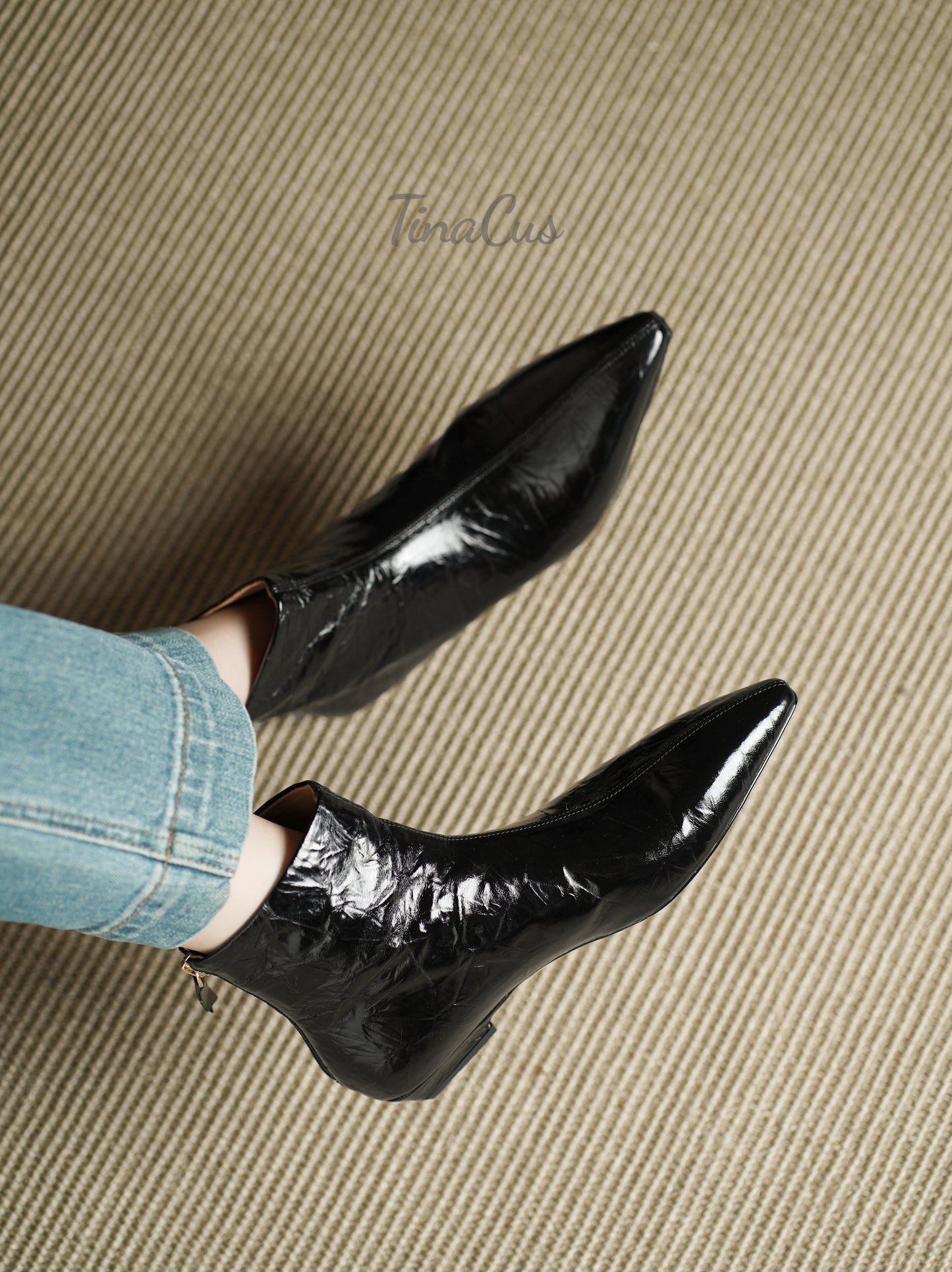 TinaCus Genuine Leather Women's Pointed Toe Comfortable Flat Heels Handmade Zip up Ankle Boots