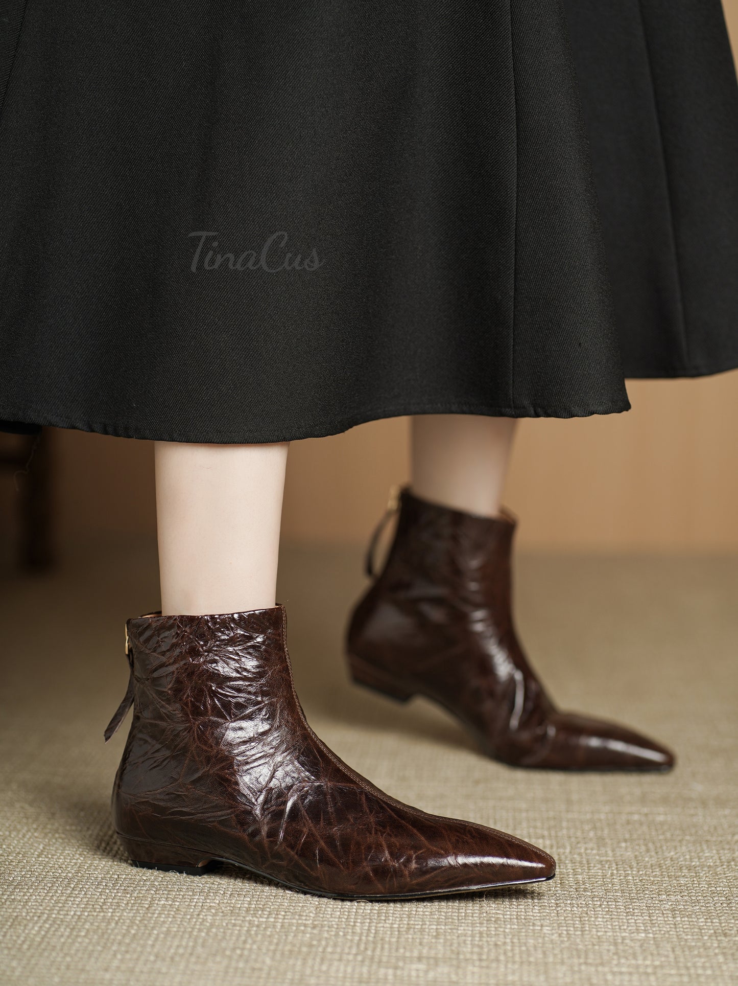 TinaCus Genuine Leather Women's Pointed Toe Comfortable Flat Heels Handmade Zip up Ankle Boots