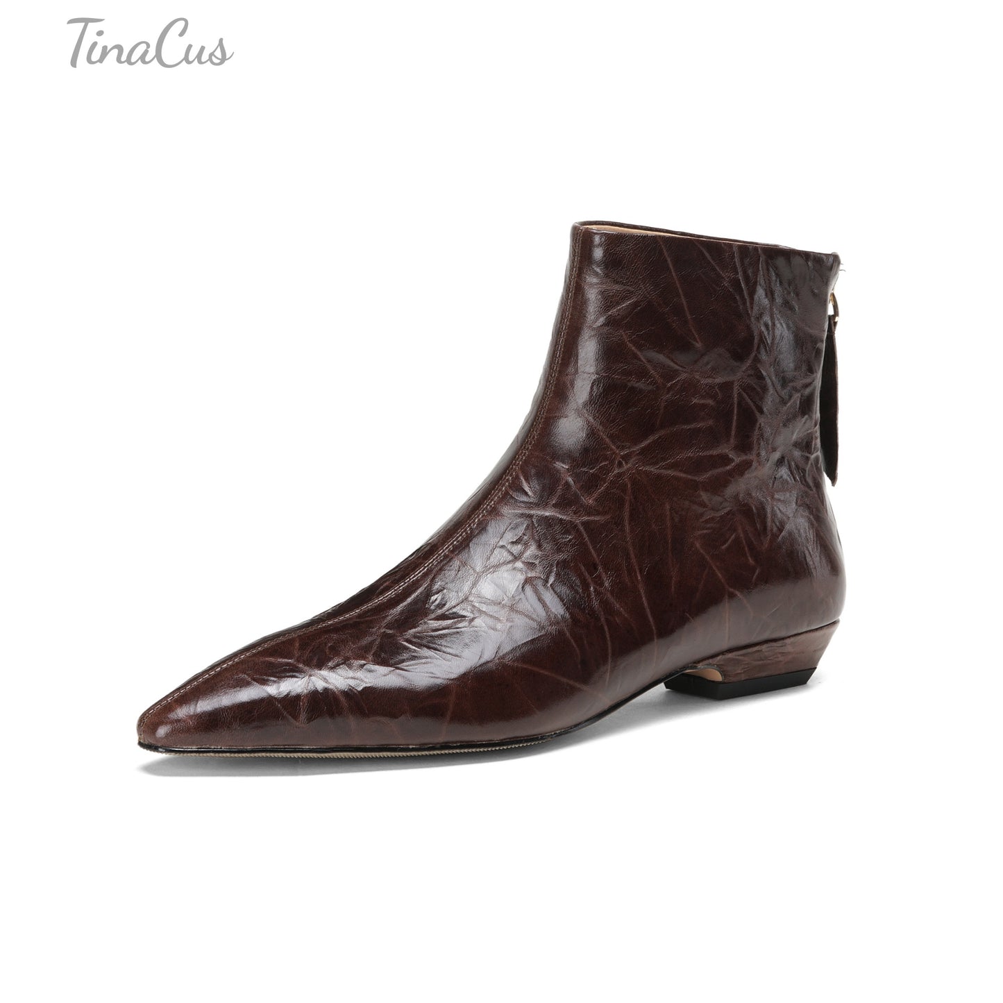 TinaCus Genuine Leather Women's Pointed Toe Comfortable Flat Heels Handmade Zip up Ankle Boots