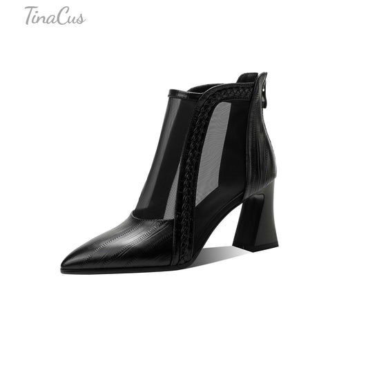 TinaCus Handmade Women's Leather&Mesh Braided Pointed Toe Back Zip Ankle Booties