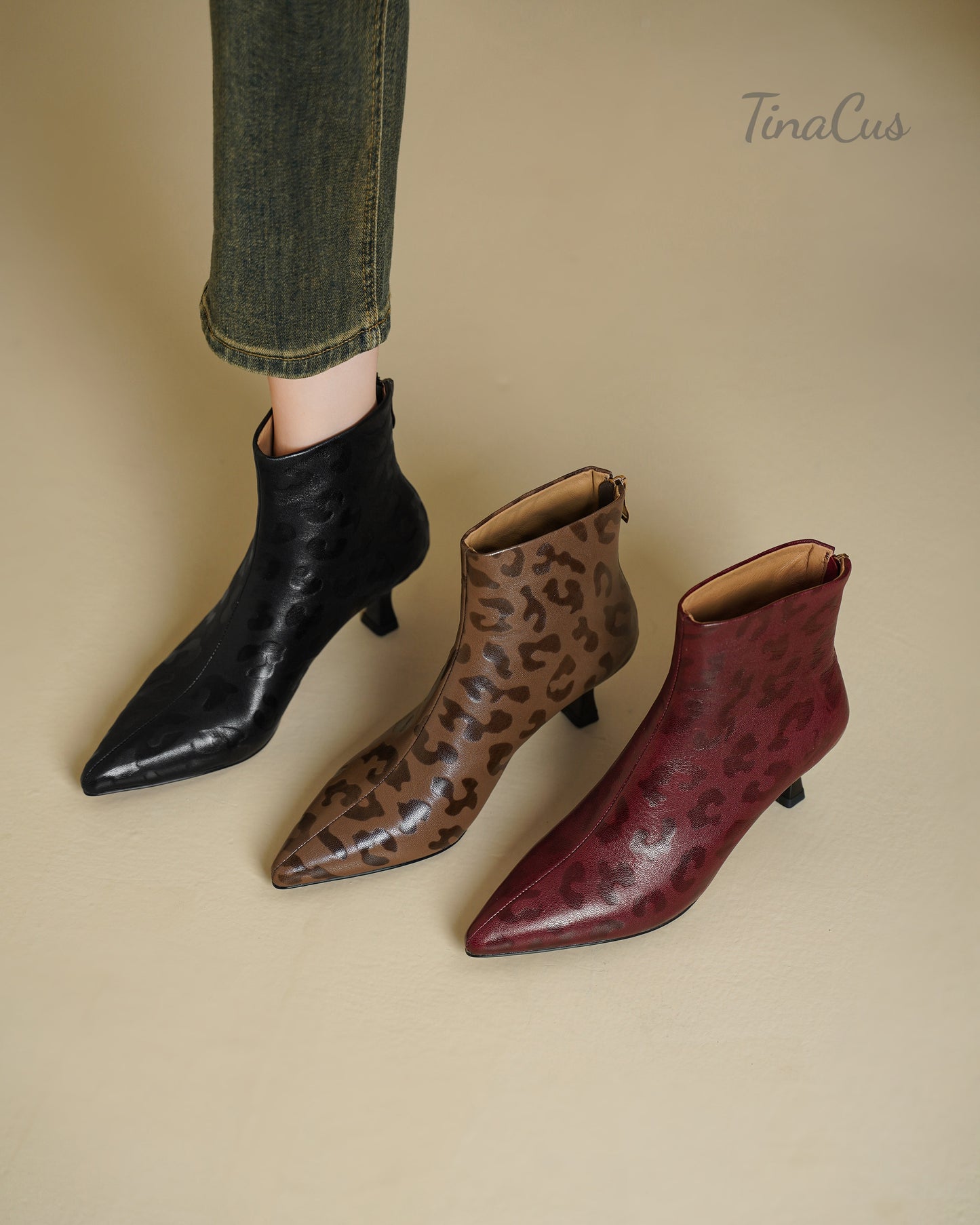 TinaCus Women’s Leopard Pattern Pointed Toe Back Zipper Kitten Heel Ankle Booties