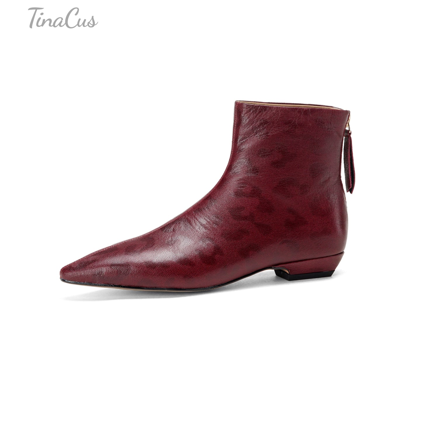 TinaCus Women’s Leopard Pattern Embossed Genuine Leather Back Zipper Flat Dress Ankle Boots
