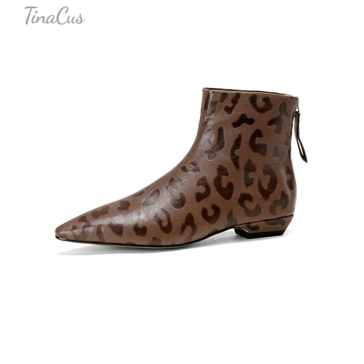 TinaCus Women’s Leopard Pattern Embossed Genuine Leather Back Zipper Flat Dress Ankle Boots