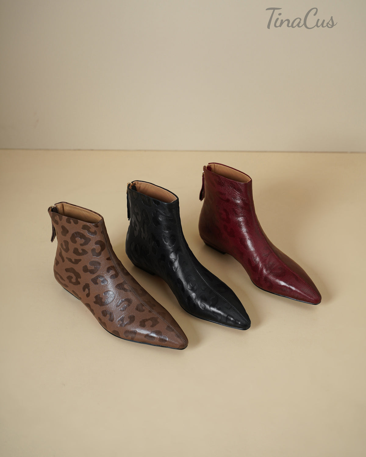 TinaCus Women’s Leopard Pattern Embossed Genuine Leather Back Zipper Flat Dress Ankle Boots