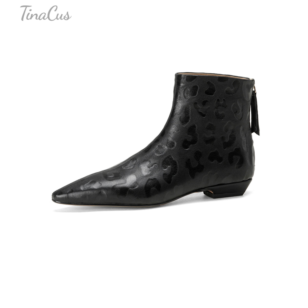 TinaCus Women’s Leopard Pattern Embossed Genuine Leather Back Zipper Flat Dress Ankle Boots