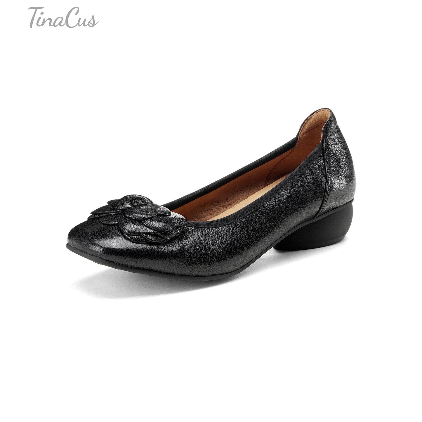 TinaCus Genuine Leather Handmade Flower Low Chunky Heels Women's Square Toe Pumps Shoes