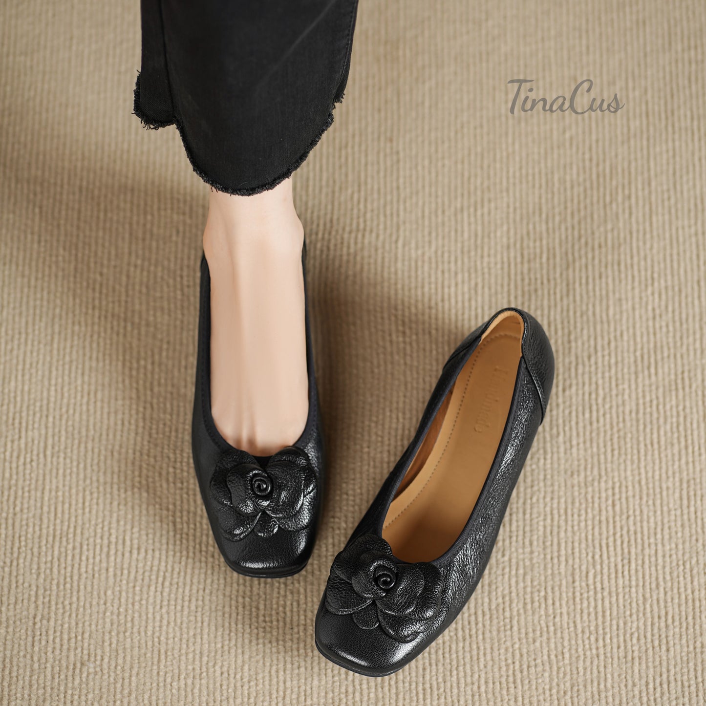 TinaCus Genuine Leather Handmade Flower Low Chunky Heels Women's Square Toe Pumps Shoes