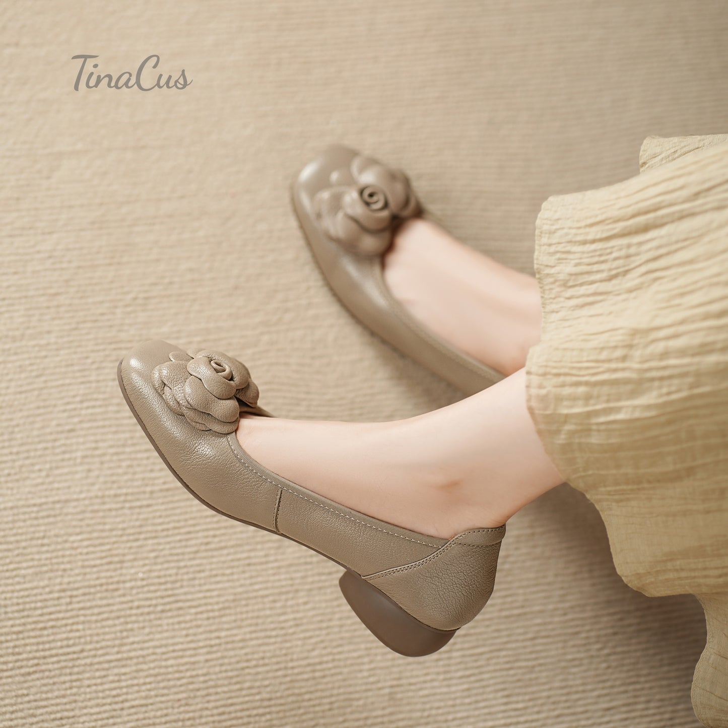 TinaCus Genuine Leather Handmade Flower Low Chunky Heels Women's Square Toe Pumps Shoes