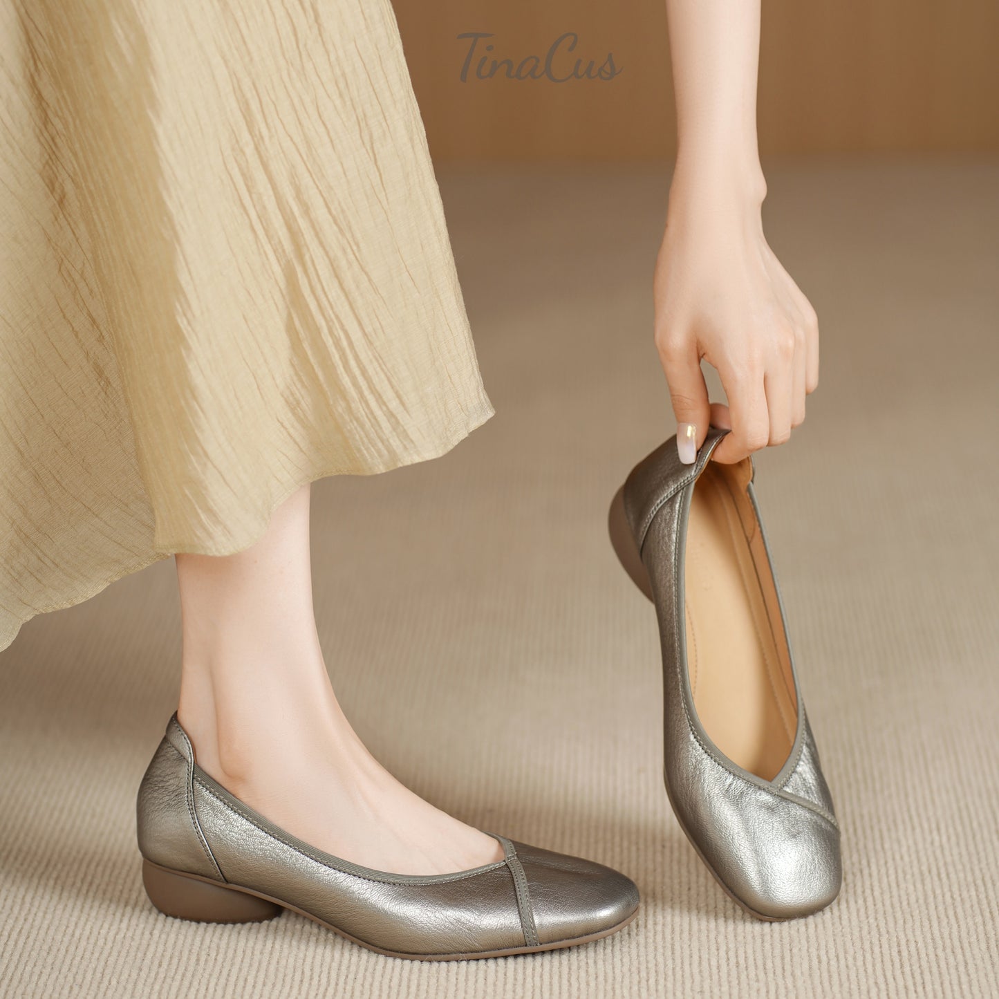 TinaCus Genuine Leather Women's Square Toe Handmade Low Heels Slip on Comfortable Loafers Shoes