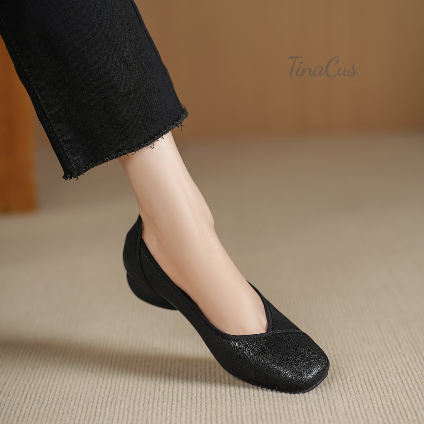 TinaCus Genuine Leather Women's Square Toe Handmade Low Heels Slip on Comfortable Loafers Shoes