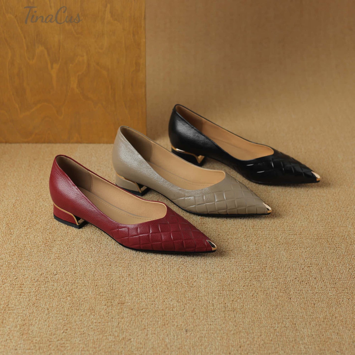 TinaCus Women's Genuine Leather Embossed Pointed Toe Slip-on Chunky Heel Pumps Shoes