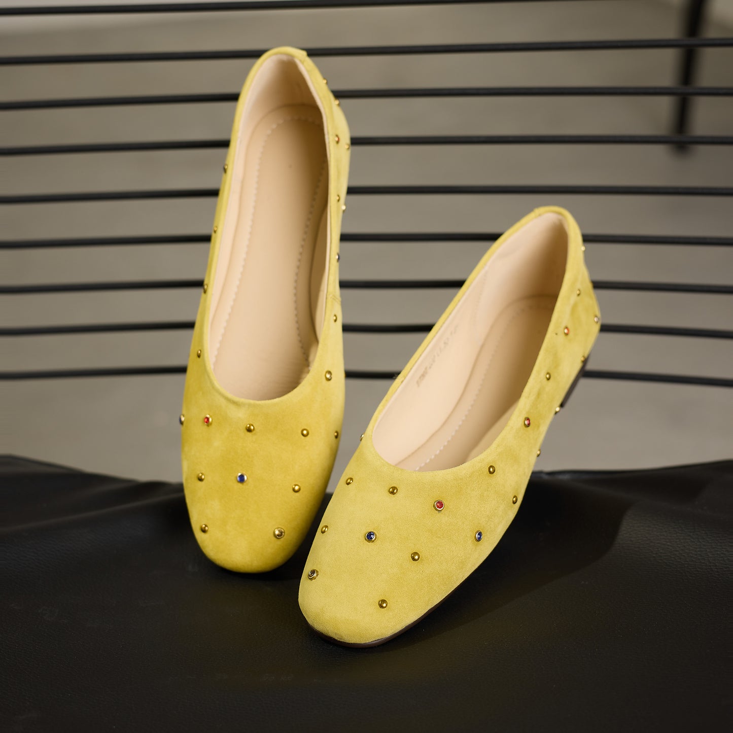 TinaCus Women's Suede Leather Ballet Flats Handmade Round Toe Studded Daily Dress Shoes