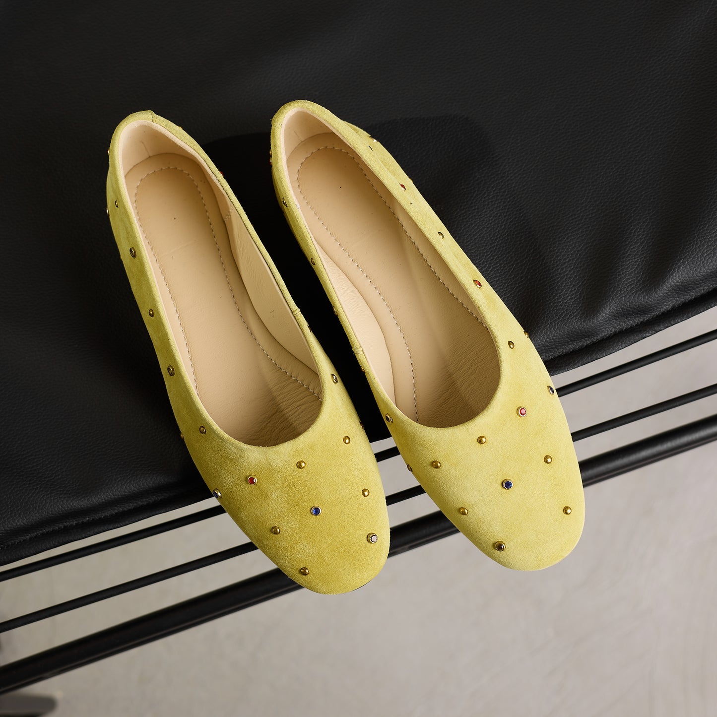 TinaCus Women's Suede Leather Ballet Flats Handmade Round Toe Studded Daily Dress Shoes