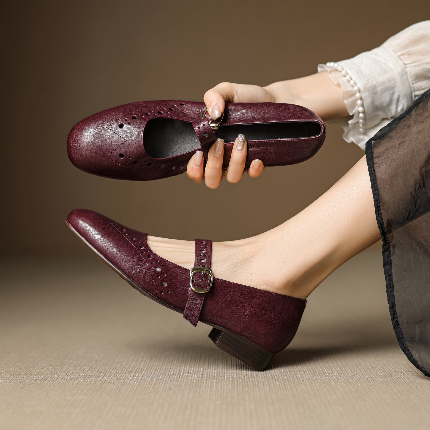 TinaCus Handmade Women's Genuine Leather Round Toe Perforated Ballet Flats with Adjustable Buckle