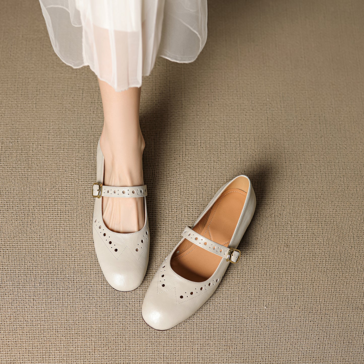 TinaCus Handmade Women's Genuine Leather Round Toe Perforated Ballet Flats with Adjustable Buckle