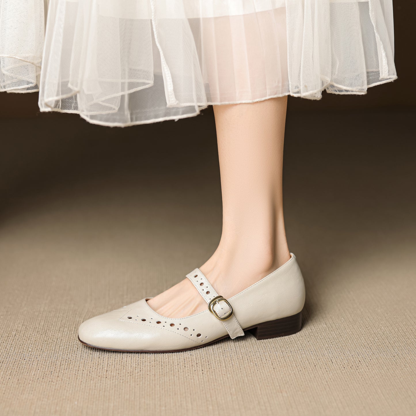 TinaCus Handmade Women's Genuine Leather Round Toe Perforated Ballet Flats with Adjustable Buckle