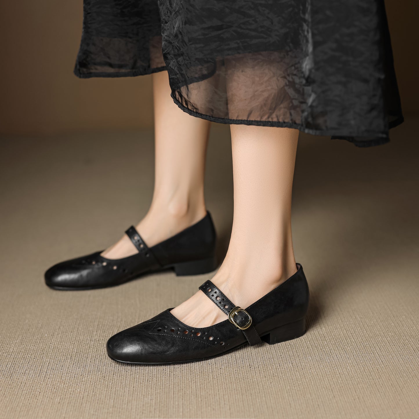 TinaCus Handmade Women's Genuine Leather Round Toe Perforated Ballet Flats with Adjustable Buckle