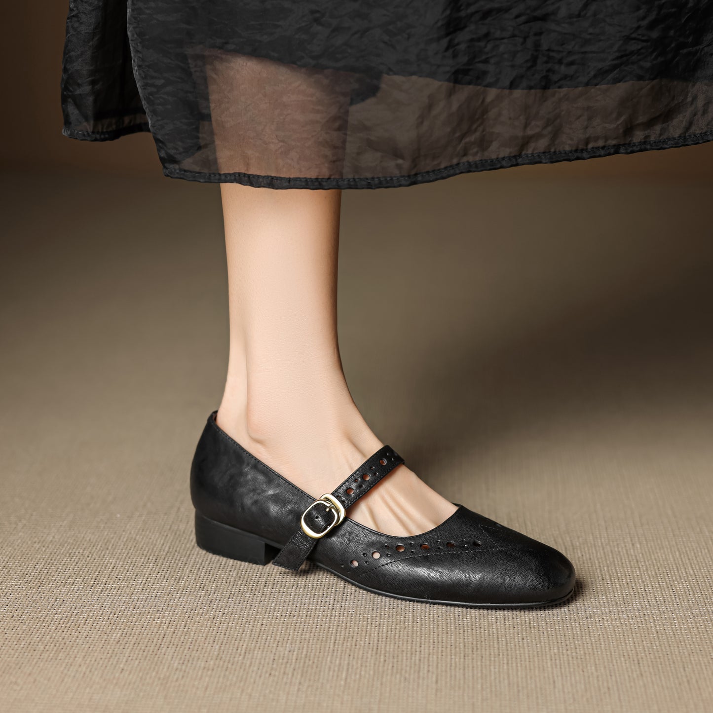 TinaCus Handmade Women's Genuine Leather Round Toe Perforated Ballet Flats with Adjustable Buckle