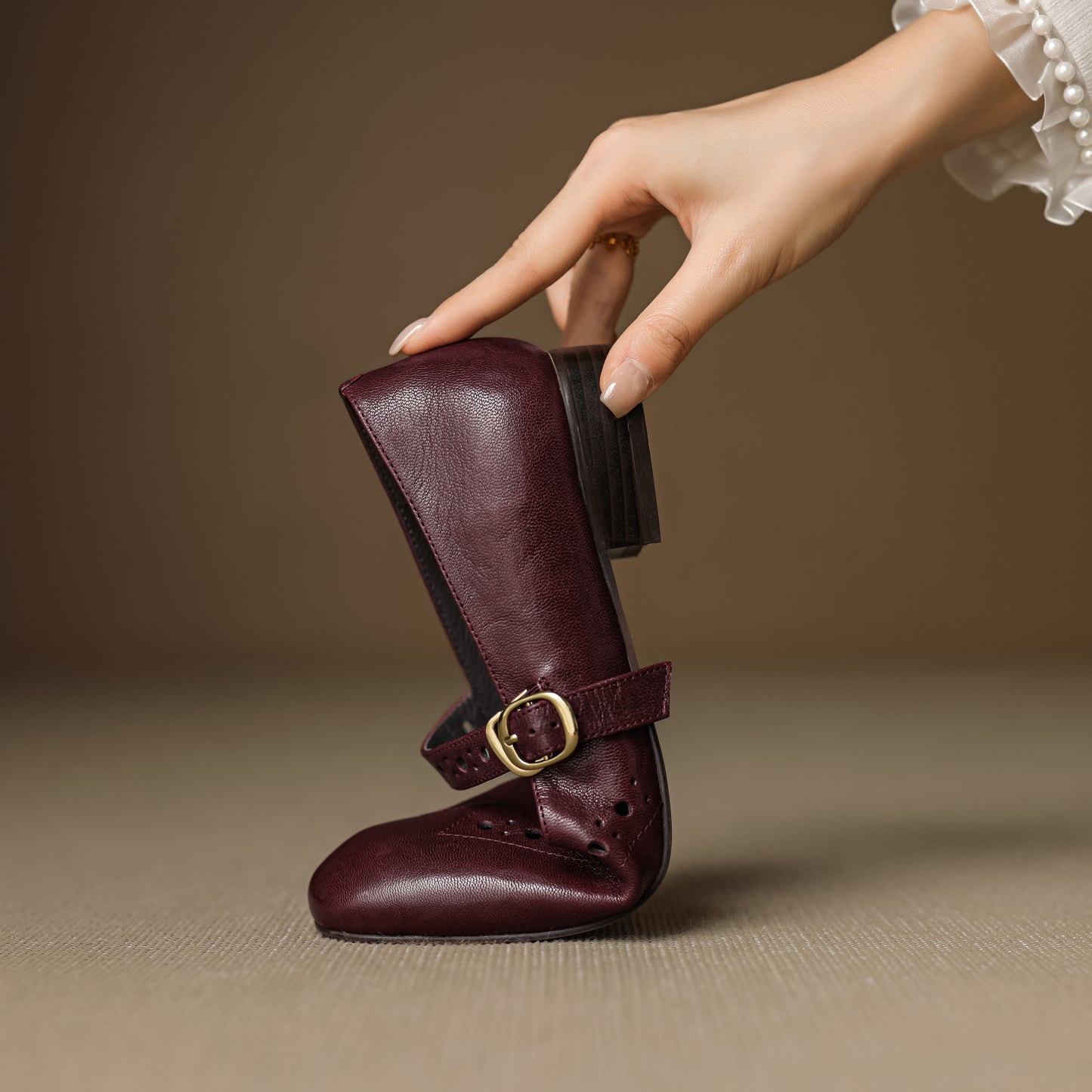 TinaCus Handmade Women's Genuine Leather Round Toe Perforated Ballet Flats with Adjustable Buckle