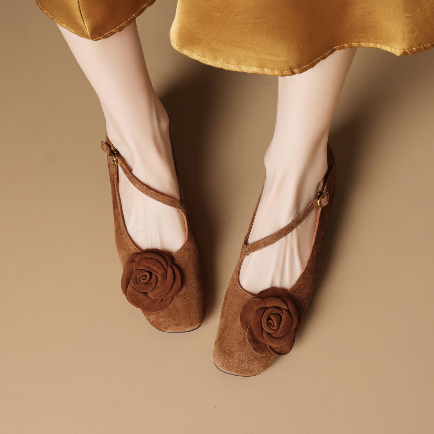 TinaCus Handmade Women's Suede Leather Floral Square Toe Lightweight Mary Jane Shoes