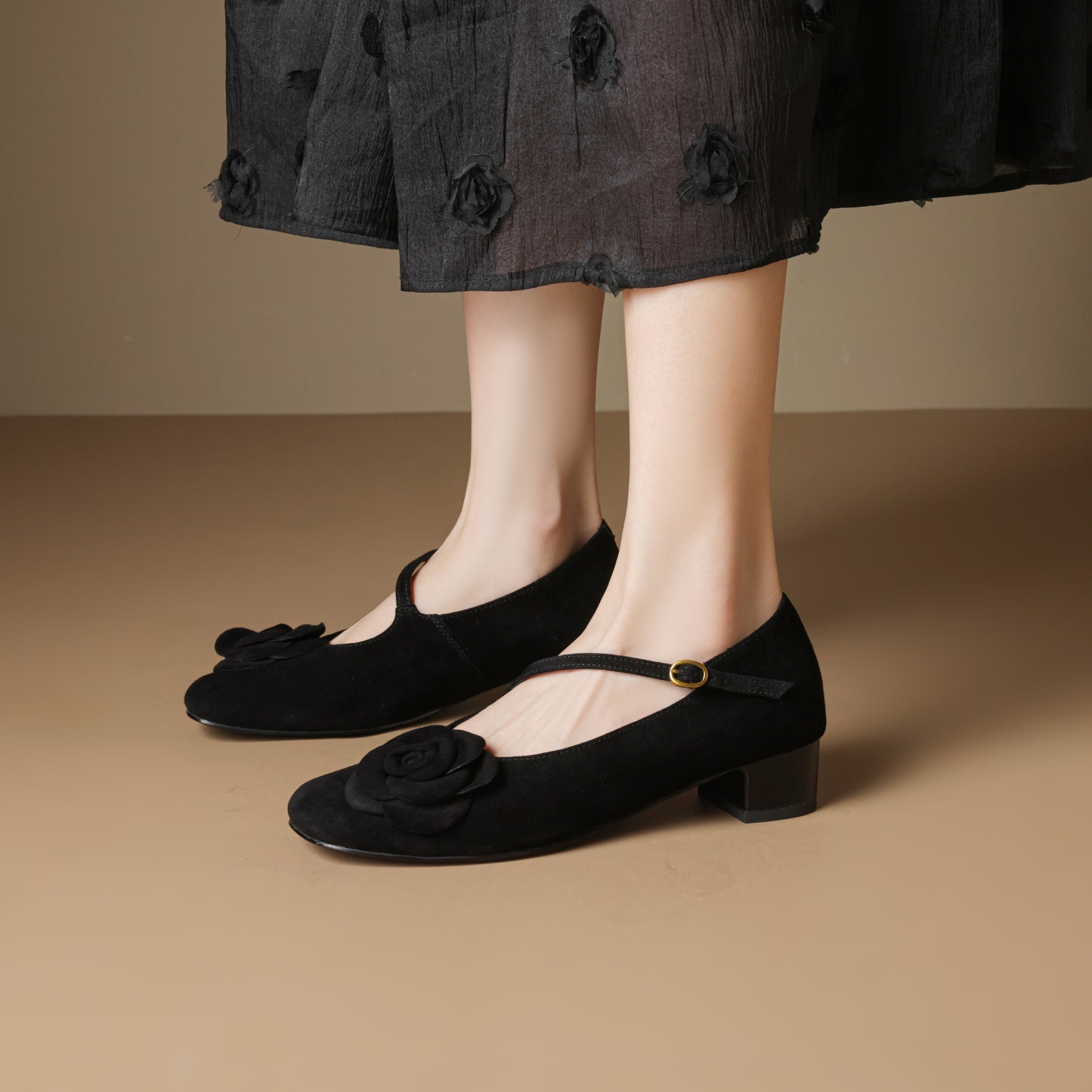 TinaCus Handmade Women's Suede Leather Floral Square Toe Lightweight Mary Jane Shoes