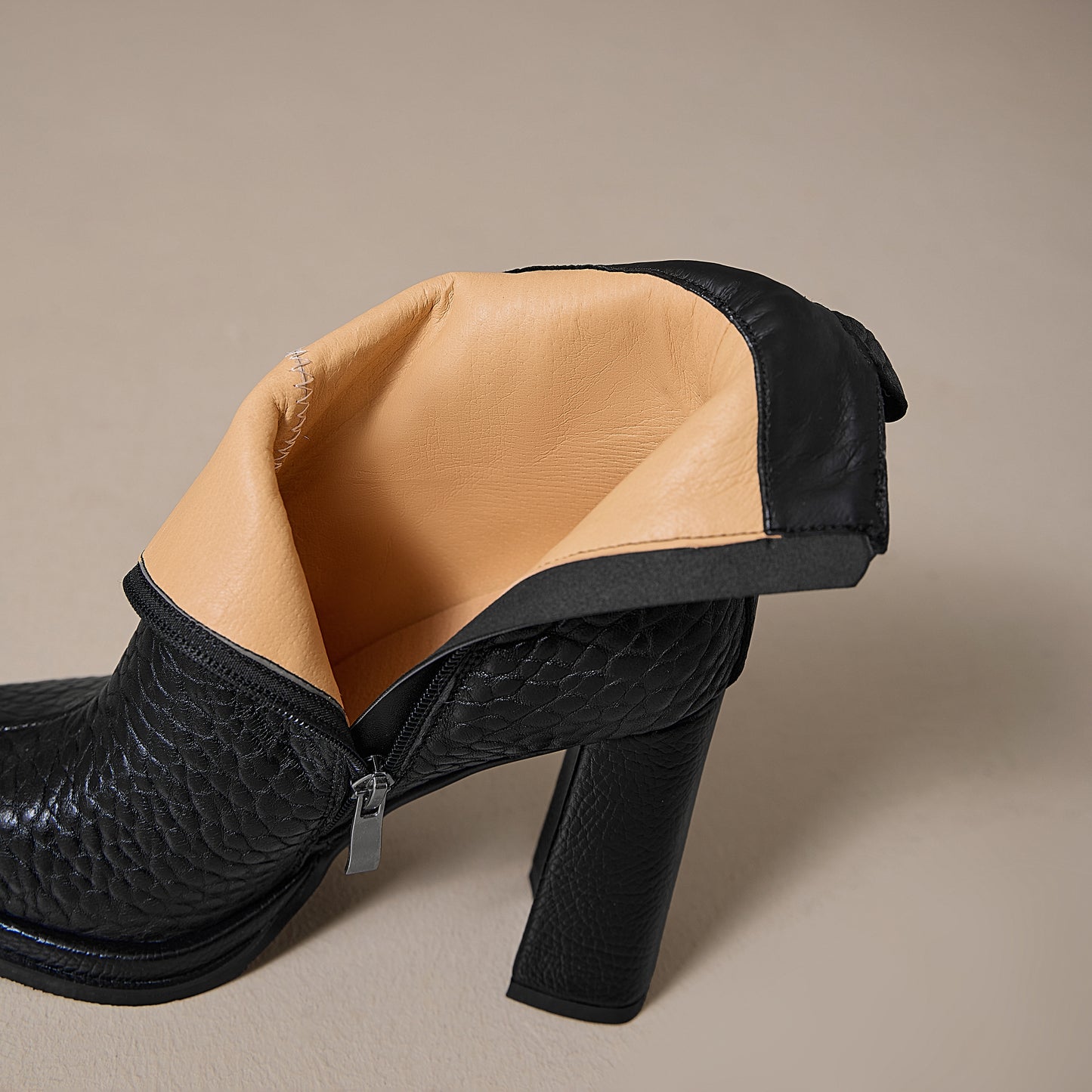 TinaCus High Chunky Heels Zip up Ankle Boots Embossed Genuine Leather Handmade Square Toe Women's Booties