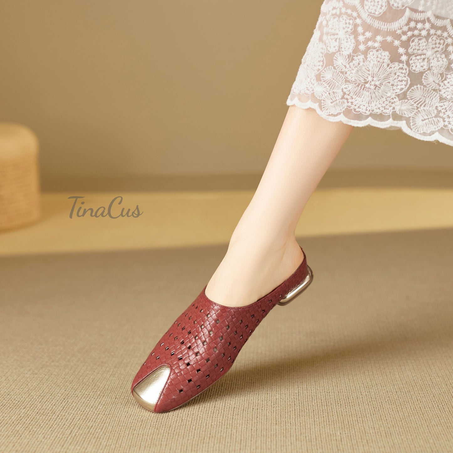 TinaCus Perforated Genuine Leather Women's Flat Mules Handmade Square Toe Slip on Backless Casual Shoes