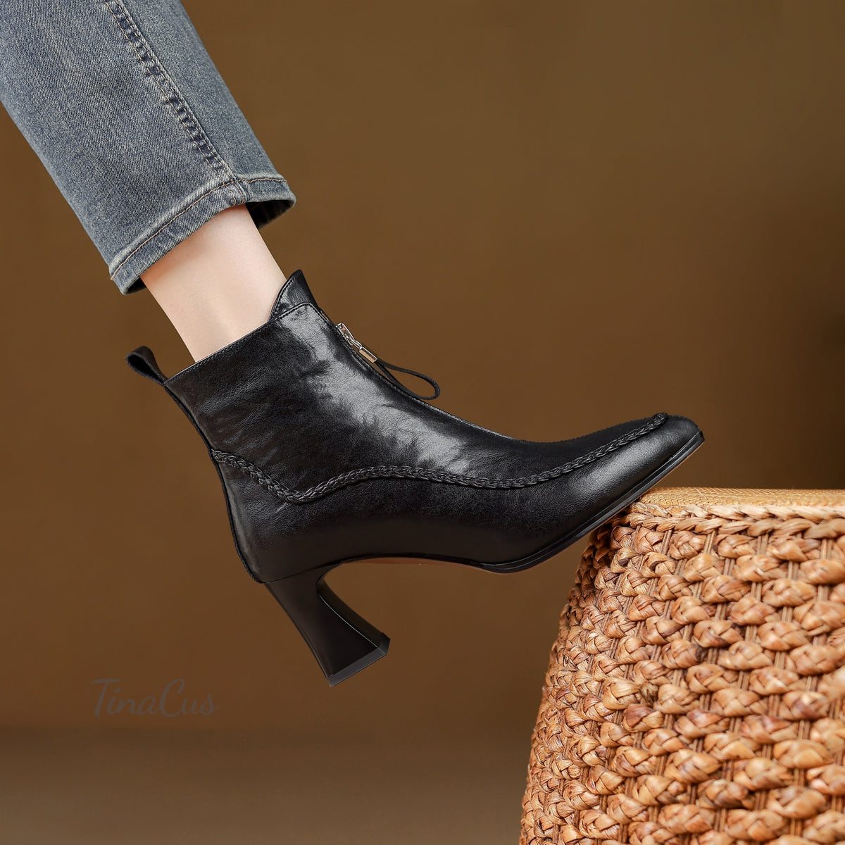TinaCus Women’s Pointed Toe Handmade Braided Trim Front Zipper Ankle Boots