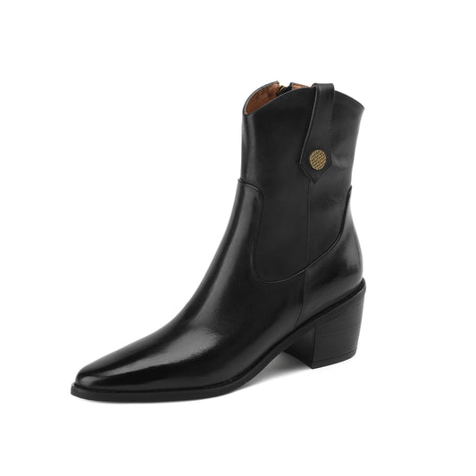 TinaCus Women's Genuine Leather Handmade Mid Heel Side Zip Up Pointed Toe Western Boots