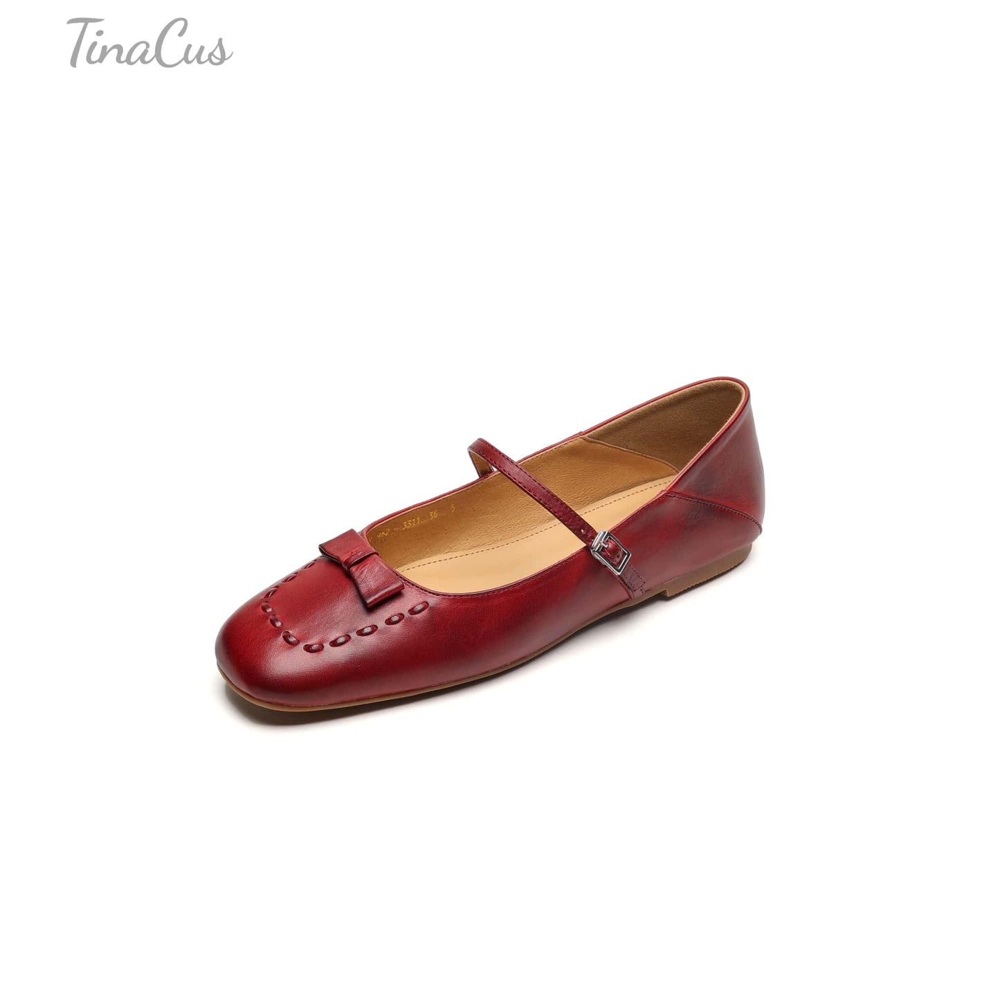 TinaCus Handmade Women's Genuine Leather Almond Toe Mary Jane Flats with Strap Buckle