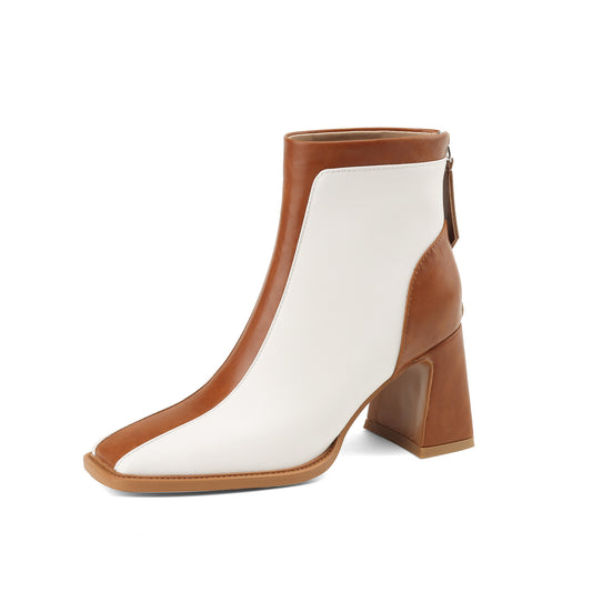 TinaCus Women's Genuine Leather Square Toe Handmade Zip Up Block Heel Mixed Colors Ankle Boots